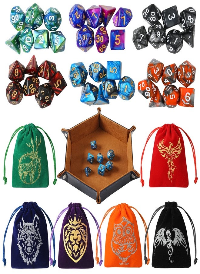 Grajar DND Dice Set, 42 Pcs polyhedral dice Set with 6 Colorful Animal Pattern Bag and PU Leather Velvet Tray for Dungeons Dragons D&D RPG MTG Table Games - Image 1